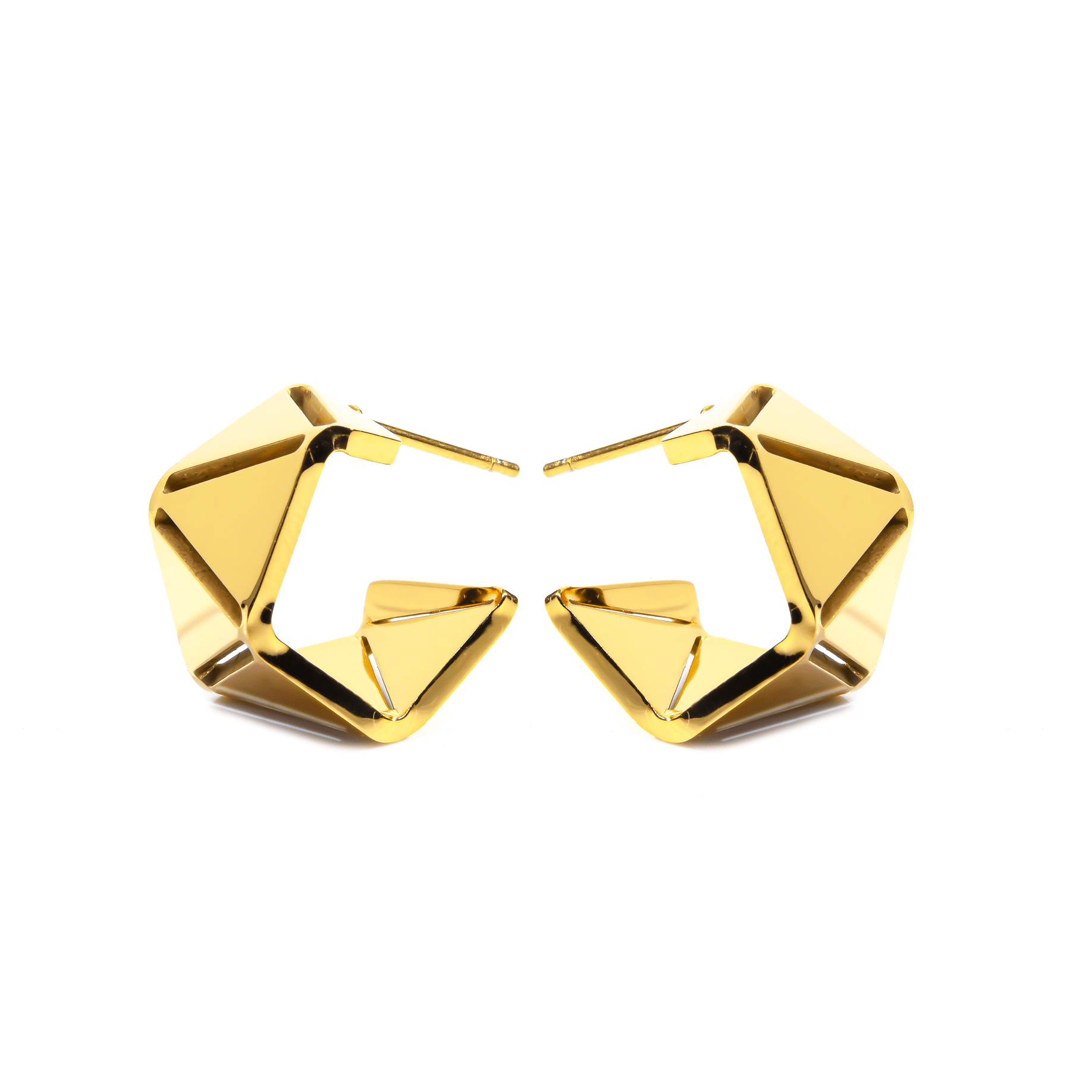 Image of gold-tone Euclide Huggie hoop earrings with geometric facets shimmering in soft light—15 mm stainless steel hoops with 18K gold plating.